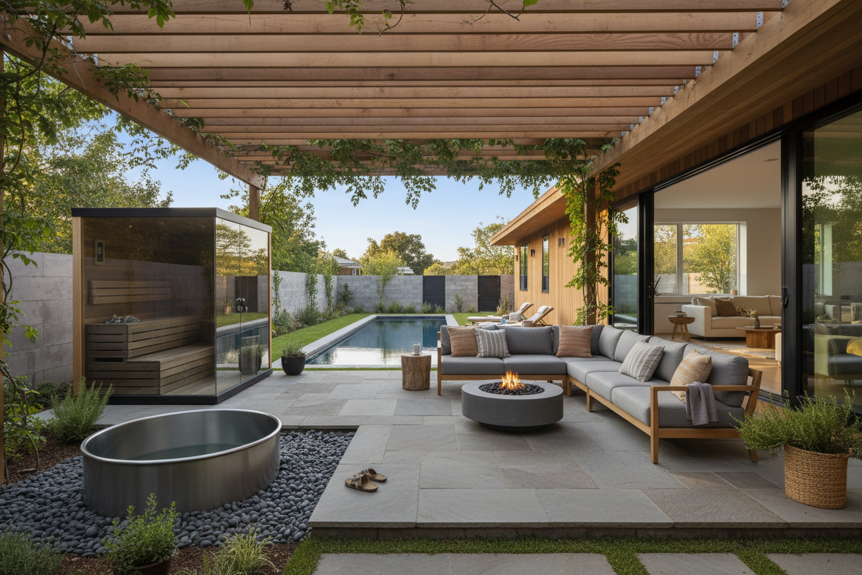 A calm, modern backyard or residential space showing intentional design and structure — show pergola, patio, and wellness features such as sauna and cold plunge area — integrated naturally into the home environment. The image should feel lived-in, realistic, and design-forward, with no extreme landscapes or adventure elements.
