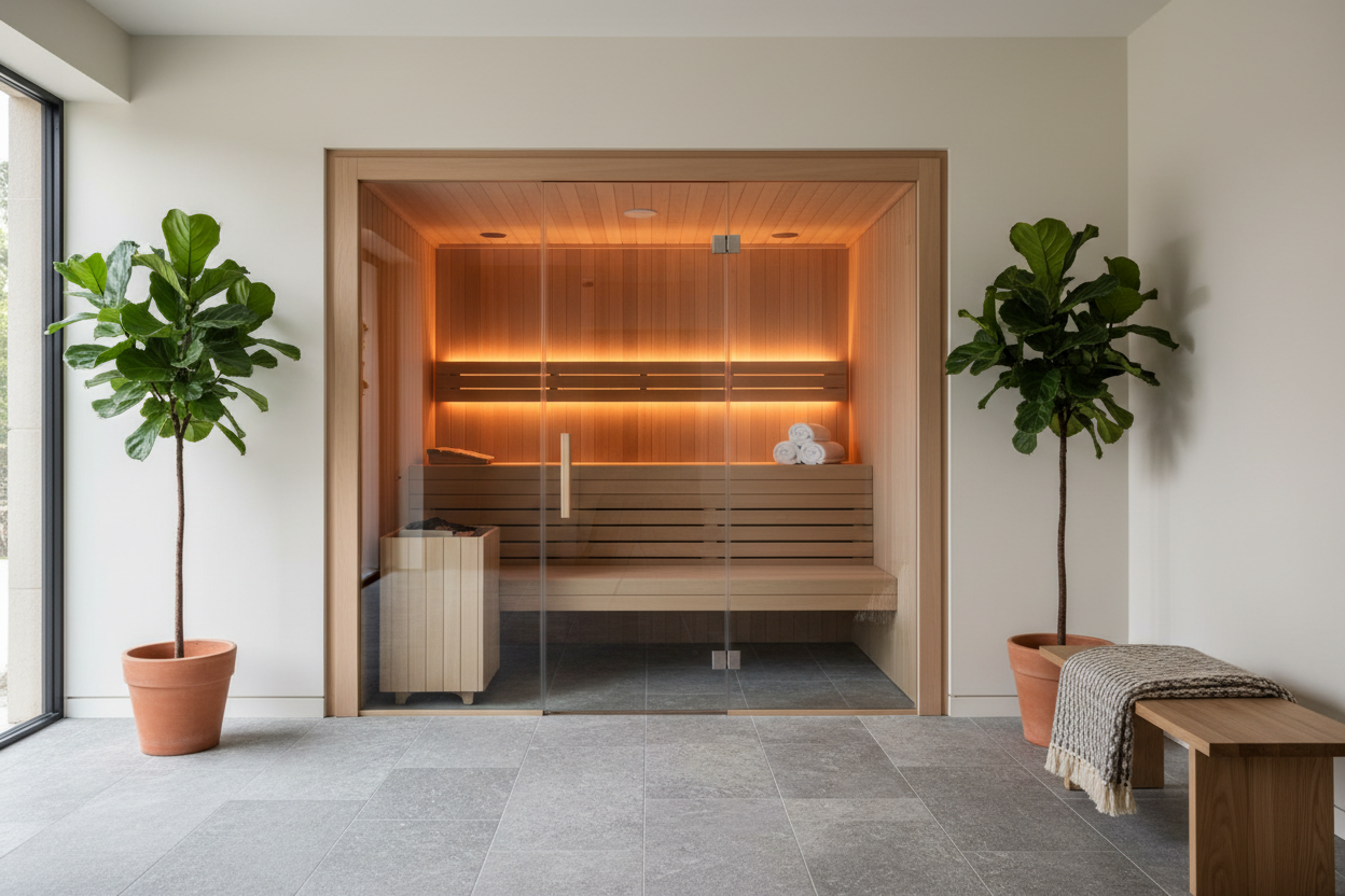 A luxury residential interior featuring a modern indoor infrared sauna room.
Light oak wood panels, full glass front, warm interior lighting.
The sauna is integrated into a home wellness room with stone flooring,
neutral walls, rolled towels, a bench, and subtle plants.
Natural daylight, architectural photography, ultra-realistic, premium lifestyle aesthetic.
