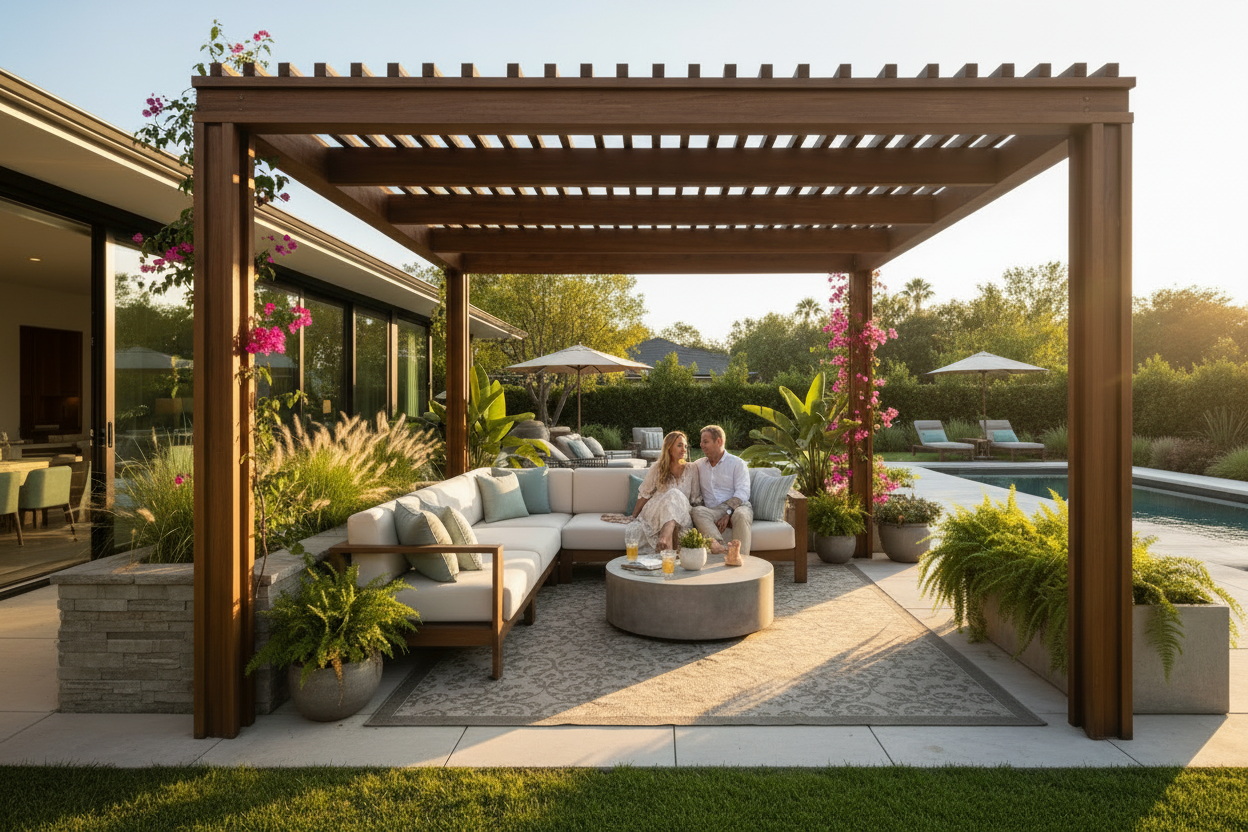 A modern backyard pergola lifestyle image as the homepage hero.