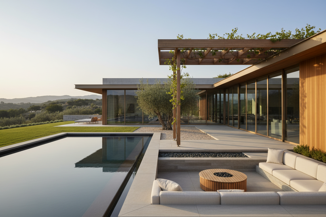 A modern residential home with a refined outdoor living space, featuring clean architectural lines, natural materials, and a calm, intentional atmosphere. The image should feel premium, lifestyle-focused, and residential — emphasizing space, comfort, and permanence rather than adventure or wilderness. Soft natural lighting, warm tones, no rugged or off-grid elements. Wide composition suitable for an About Us page hero.