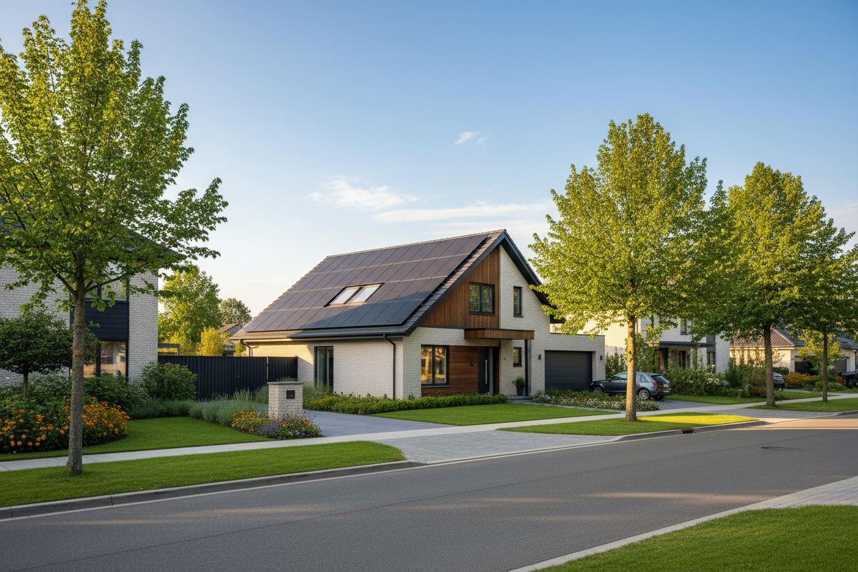 show me solar panels on a residential house in a nice suburban neighborhood. natural light